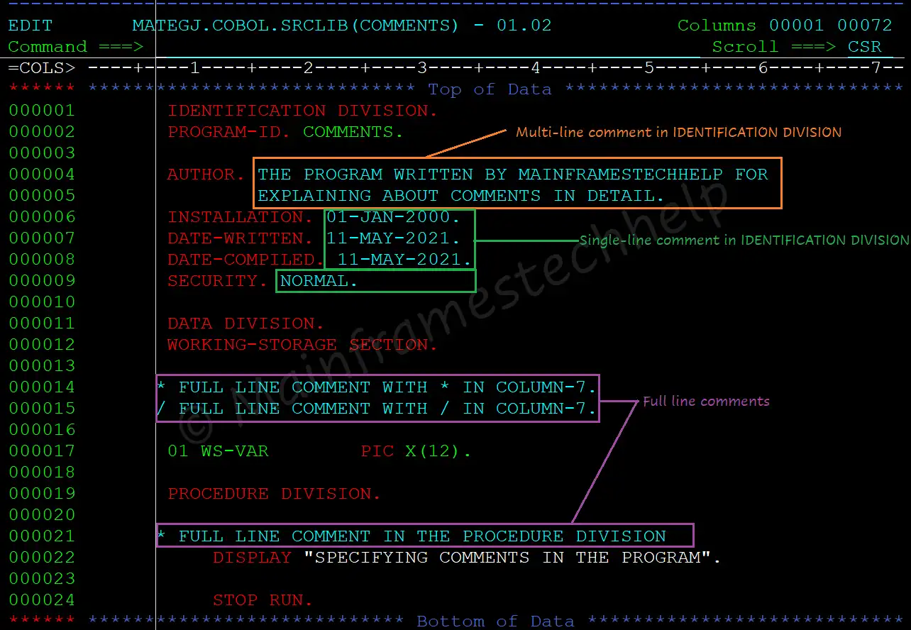 Comments program Code